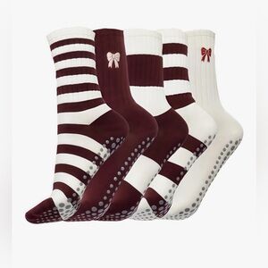 Non-slip Yoga Crew Cut Socks with Stripes and Bow Details Five (5) Pairs